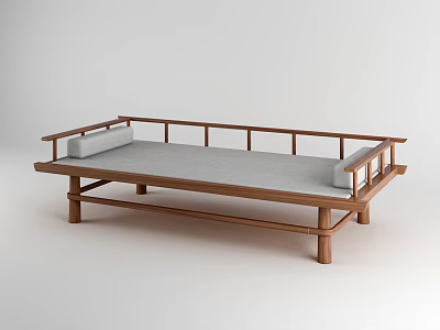 Traditional Wooden Daybed With Gray Mattress And Simple Frame Structure 3d model
