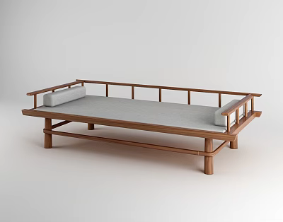 Traditional Wooden Daybed With Gray Mattress And Simple Frame Structure 3d model