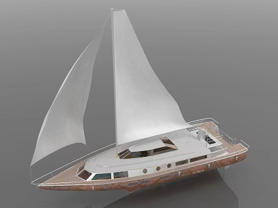 Modern Sailboat With White Sails Wooden Hull And Spacious Deck Design 3d model