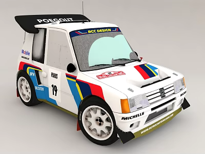 Peugeot Rally Race Car With Colorful Livery And Sponsor Logos 3d model