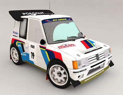 Peugeot Rally Race Car With Colorful Livery And Sponsor Logos 3d model