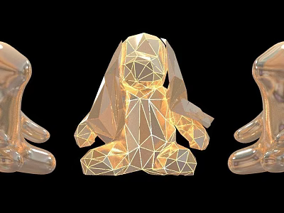 Three Transparent Geometric Rabbit Sculptures With Low Poly Design And Central Glowing 3d model