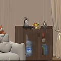 Cozy Living Room Sideboard Cabinet With Silver Kettle Fruit Bowl And Glass Doors Bottles Inside