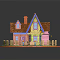 Colorful Cartoon House Scene With Red Roof Chimney Wooden Fence And Lawn Lamp Post