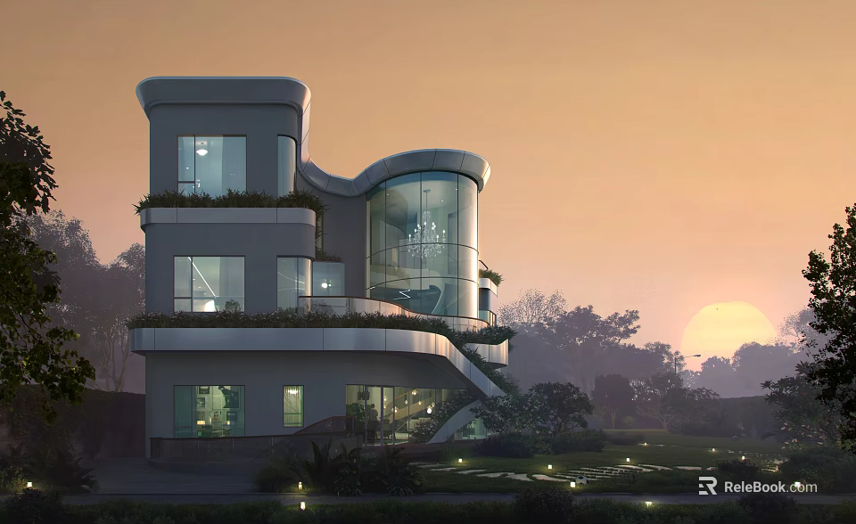 Modern Detached Villa with Curved Glass Facade Multi Storey Structure Balconies Greenery and Sunset View 3d model 