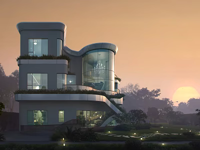 Modern Detached Villa with Curved Glass Facade Multi Storey Structure Balconies Greenery and Sunset View 3d model