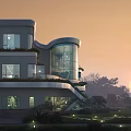 Modern Detached Villa with Curved Glass Facade Multi Storey Structure Balconies Greenery and Sunset View
