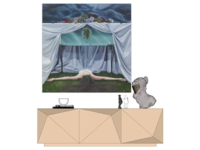 Figure Painting of Reclining Woman with Drapery Floral Decoration Trees and Geometric Cabinet Sculpture 3d model