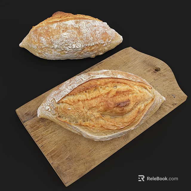 Freshly Baked Artisan Bread Loaves On Wooden Cutting Board With Golden Crust 3d model 