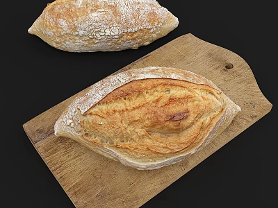 Freshly Baked Artisan Bread Loaves On Wooden Cutting Board With Golden Crust 3d model