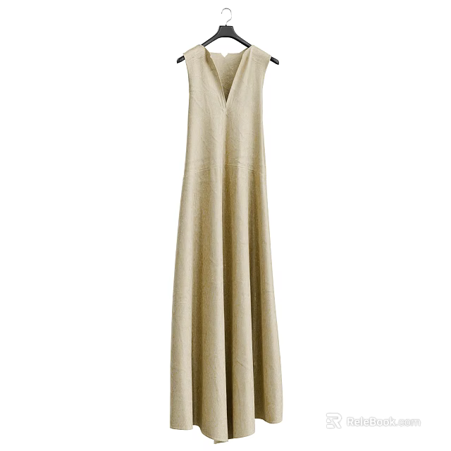 Elegant Beige V Neck Sleeveless Knitted Maxi Dress With Flowy Silhouette 3d model 