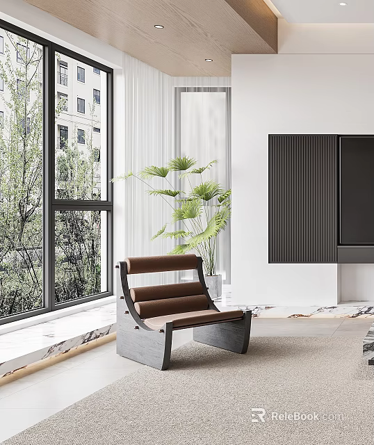 Modern Brown Leisure Chair By Window With Green Plant White Wall And Trees Outside 3d model 