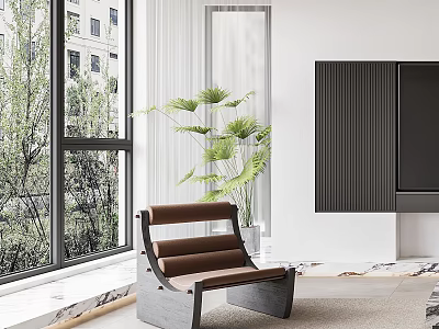 Modern Brown Leisure Chair By Window With Green Plant White Wall And Trees Outside 3d model