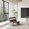 Modern Brown Leisure Chair By Window With Green Plant White Wall And Trees Outside