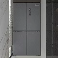 Modern Interior Space With Sleek Black Refrigerator Freezer And Marble Wall Design