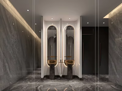 Modern Hotel Bathroom Interior With Marble Walls Double Mirrors Vanities And Lighting 3d model