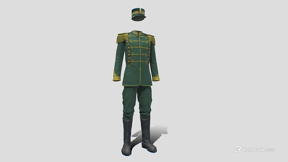 Green Military Uniform With Golden Buttons Jacket Pants Hat And Boots 3d model 