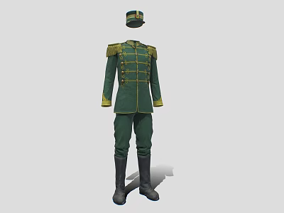 Green Military Uniform With Golden Buttons Jacket Pants Hat And Boots 3d model