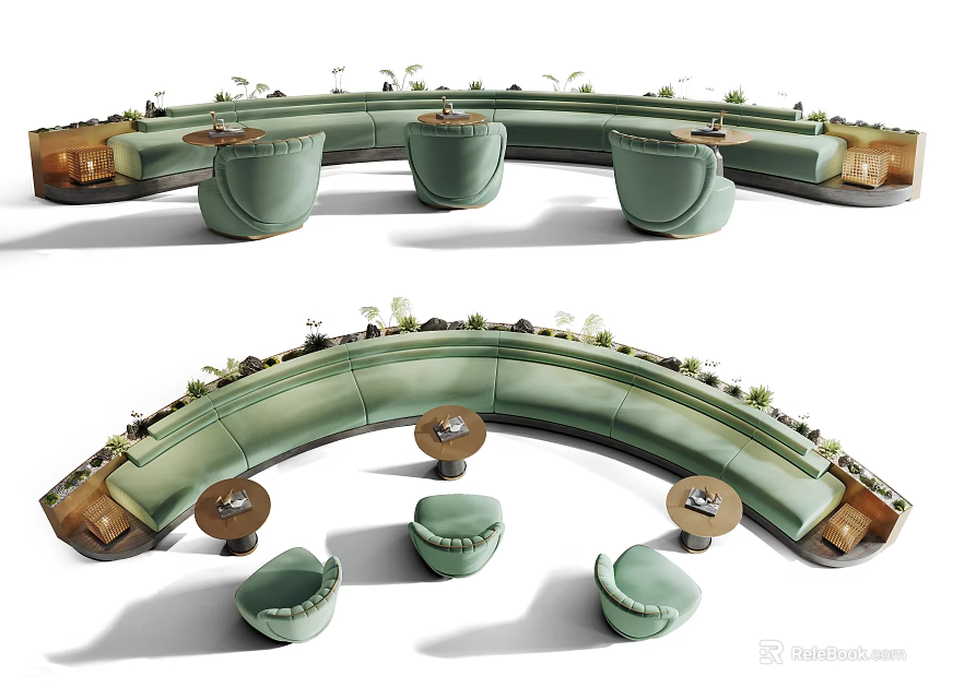 Modern Curved Green Public Chairs With Small Tables And Plants In Outdoor Area 3d model 