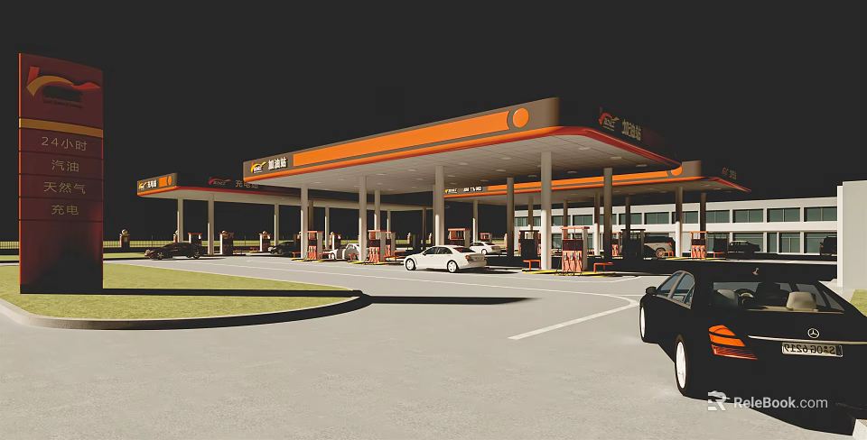 Orange Canopy Gas Station With Fuel Pumps And Vehicles Refueling Bright Lighting In Service Area 3d model 