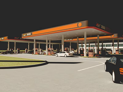 Orange Canopy Gas Station With Fuel Pumps And Vehicles Refueling Bright Lighting In Service Area 3d model