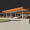 Orange Canopy Gas Station With Fuel Pumps And Vehicles Refueling Bright Lighting In Service Area