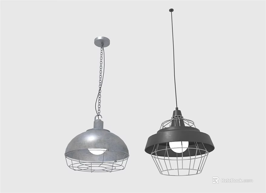 Modern Silver And Black Metal Pendant Lights With Wire Cage Shades 3d model 
