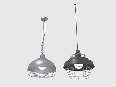 Modern Silver And Black Metal Pendant Lights With Wire Cage Shades 3d model