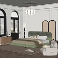 Modern Bedroom Interior Design With Green Upholstered Headboard Neutral Bedding And Arched Window