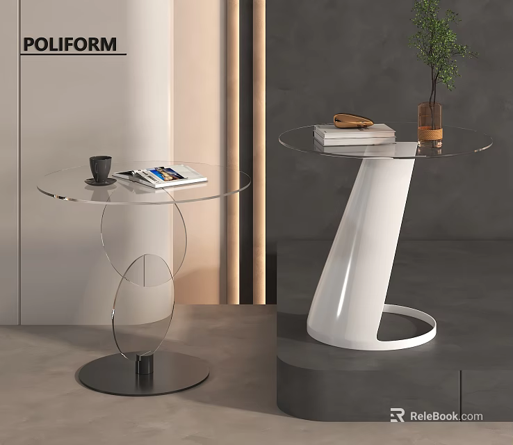 Modern Glass Top Side Tables with Black White Bases and Coffee Cup Magazines Books Plant 3d model 