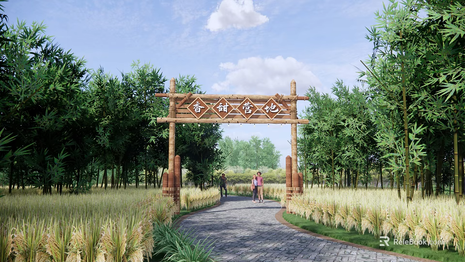 Bamboo Memorial Archway in Rural Scenery With Bamboo Forest and Rice Field Path 3d model 