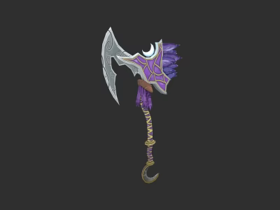 Unique Axe Weapon Featuring Silver Blade Purple Eye Design And Yellow Coiled Handle With Hook 3d model