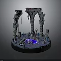 Enchanted Ruin Scene With Stone Arches Pillars Glowing Pool And Blue Purple Lighting
