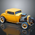 Vintage Yellow Hot Rod Car With Exposed Engine Two Door Design And Whitewall Wheels