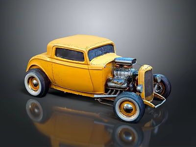 Vintage Yellow Hot Rod Car With Exposed Engine Two Door Design And Whitewall Wheels 3d model