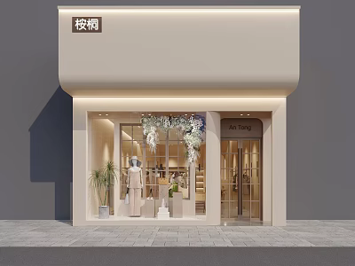 Elegant Clothing Storefront with Modern Window Display Mannequins Green Plants and Lighting 3d model