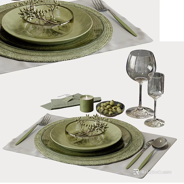 Stylish Tableware Combination With Green Plates Woven Placemats Wine Glasses And Utensils 3d model 