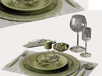 Stylish Tableware Combination With Green Plates Woven Placemats Wine Glasses And Utensils 3d model
