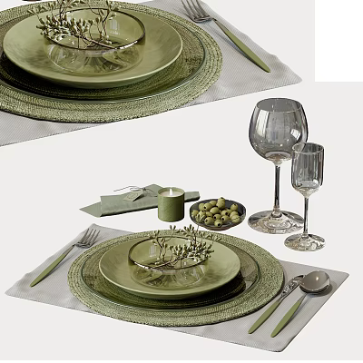 Stylish Tableware Combination With Green Plates Woven Placemats Wine Glasses And Utensils 3d model