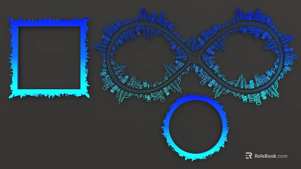 Abstract Geometric Design With Infinity Symbol Rectangular Frame And Circular Ring In Blue Cyan Gradient 3d model 