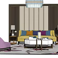 Sofa and Coffee Table Set with Yellow Upholstery Colorful Cushions White Table and Table Lamps
