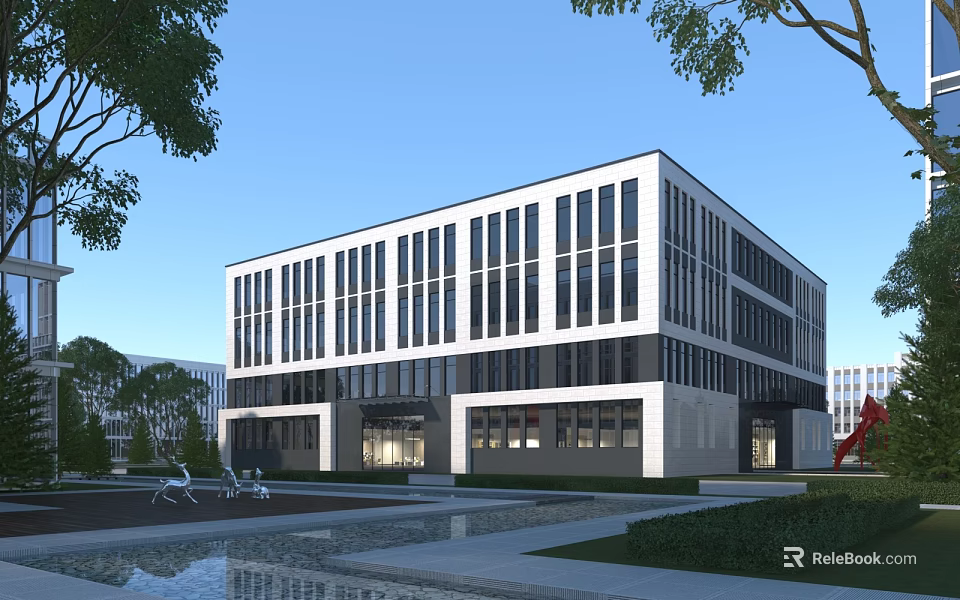 Modern Office Building Exterior Featuring Large Glass Windows And Landscaped Water Features 3d model 