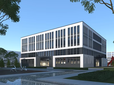 Modern Office Building Exterior Featuring Large Glass Windows And Landscaped Water Features 3d model