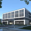 Modern Office Building Exterior Featuring Large Glass Windows And Landscaped Water Features