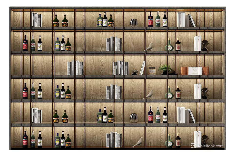 Modern Display Cabinet With Glass Shelves Holding Bottles Books And Decorative Items 3d model 