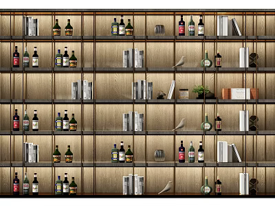Modern Display Cabinet With Glass Shelves Holding Bottles Books And Decorative Items 3d model