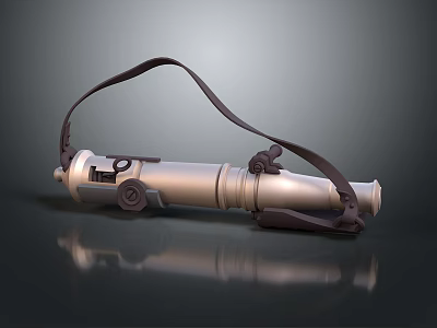 Vintage Silver Metal Telescope With Leather Strap On Black Reflective Surface Against Gray Gradient Background 3d model