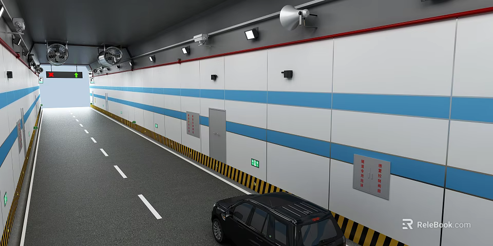 Tunnel Road Facilities With Blue Striped Walls Lighting Ventilation And Lane Markings 3d model 