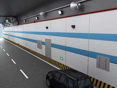 Tunnel Road Facilities With Blue Striped Walls Lighting Ventilation And Lane Markings 3d model