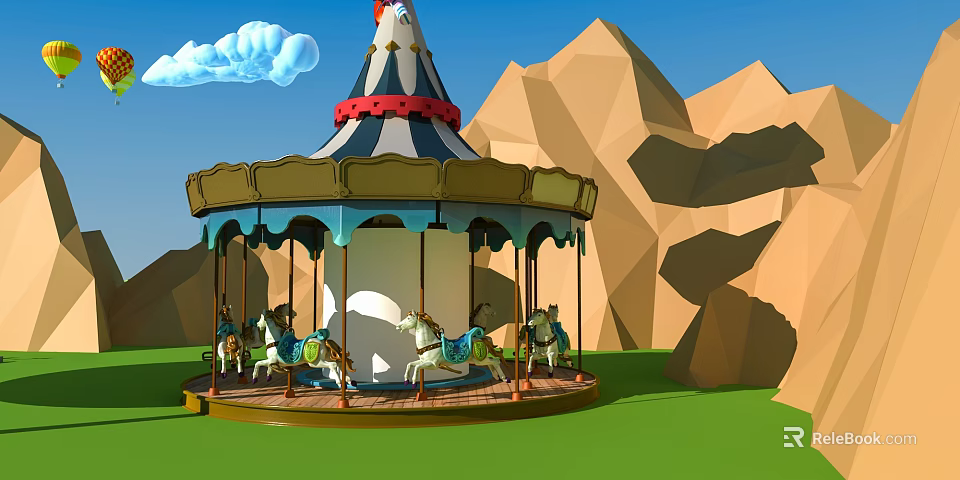 Cartoon Carousel Scene With Colorful Ponies Green Grass White Clouds And Mountain Background 3d model 